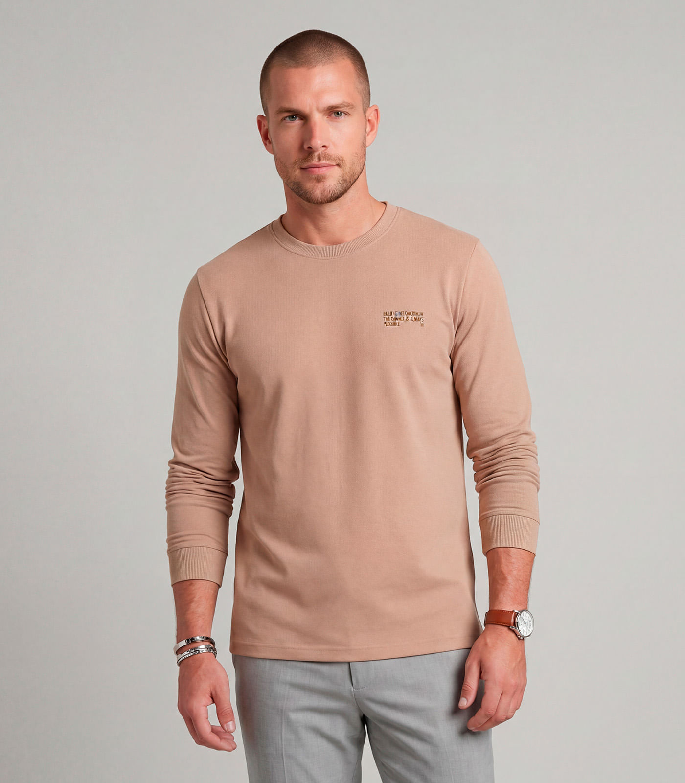 Camiseta Masculina Manga Longa Meia Malha Diametro Marrom