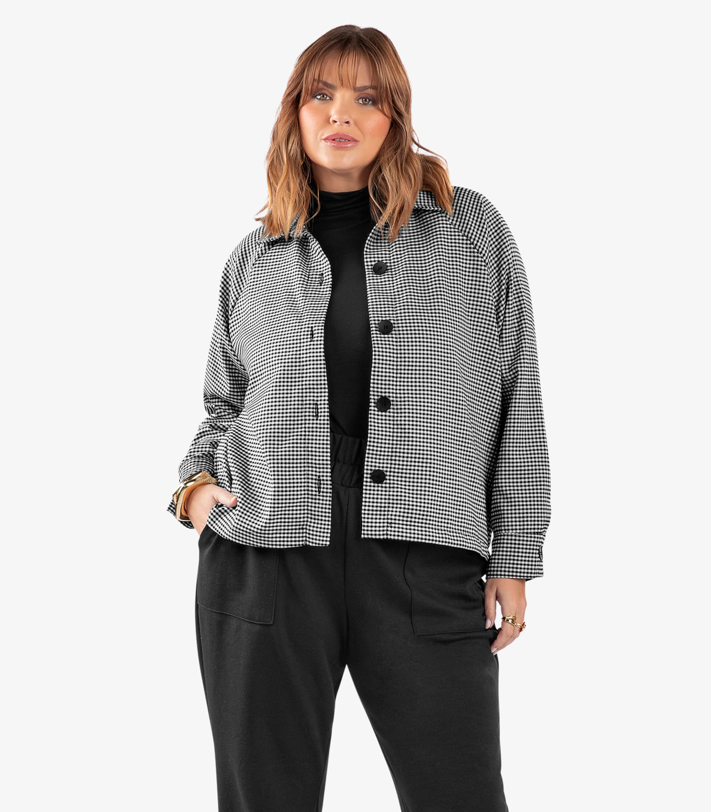 Casaco Feminino Xadrez Plus Size Secret Glam Preto
