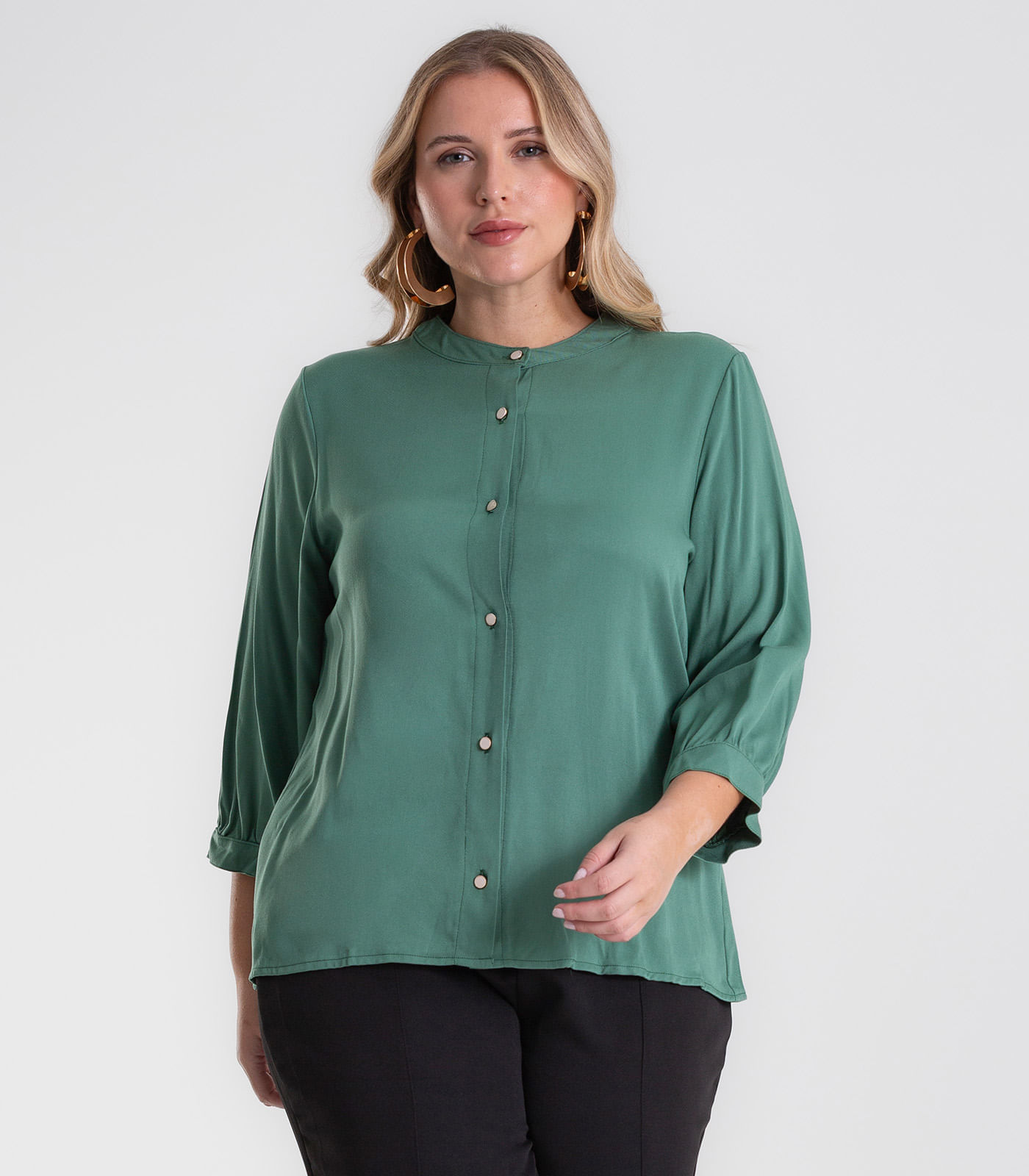 Camisa Manga 3/4 Gola Padre Plus Size Secret Glam Verde