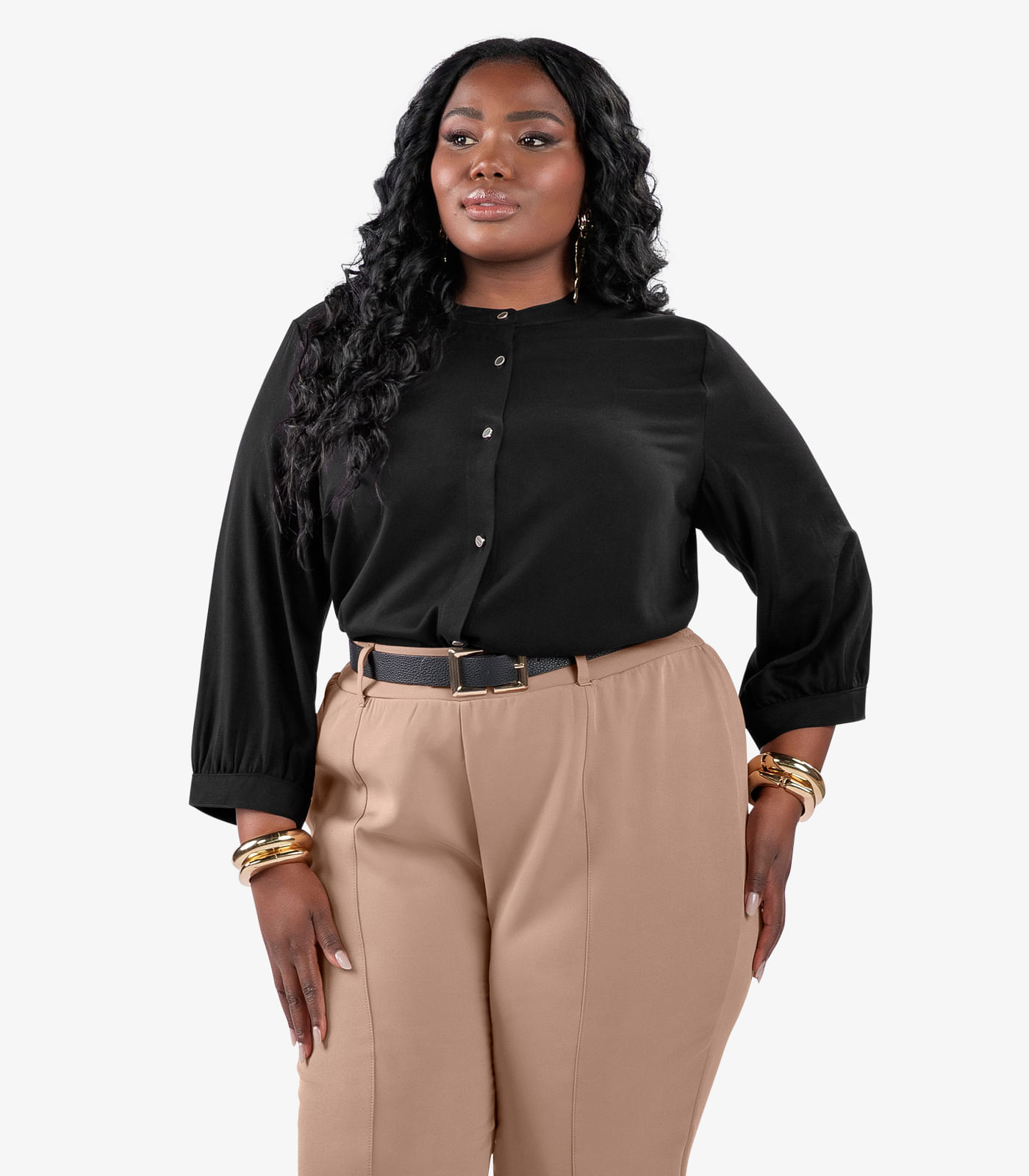 Camisa Manga 3/4 Gola Padre Plus Size Secret Glam Preto