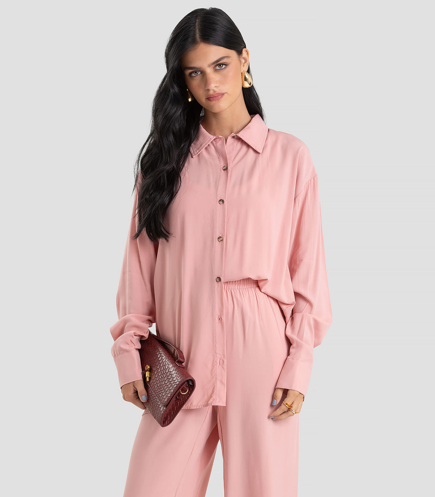 Camisa Feminina Oversized em Tecido Dianna Rosa